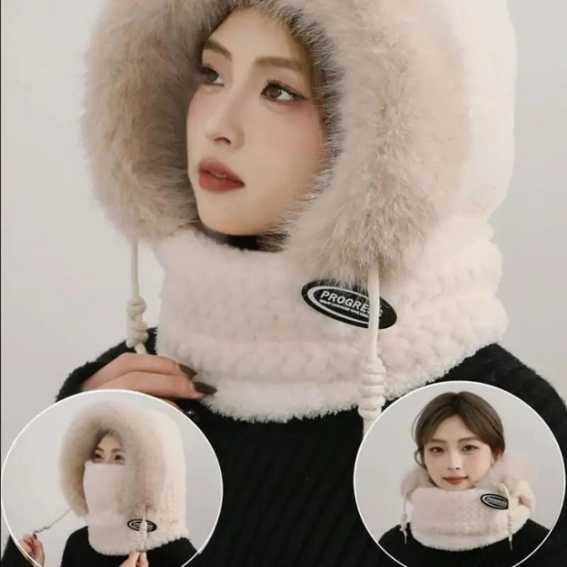 Simple Solid Color Cycling Windproof Cap Thickened Neck Warmer Ear Protection Hat Keep Warm Windproof Winter Hat Scarf Set Pi-Mart