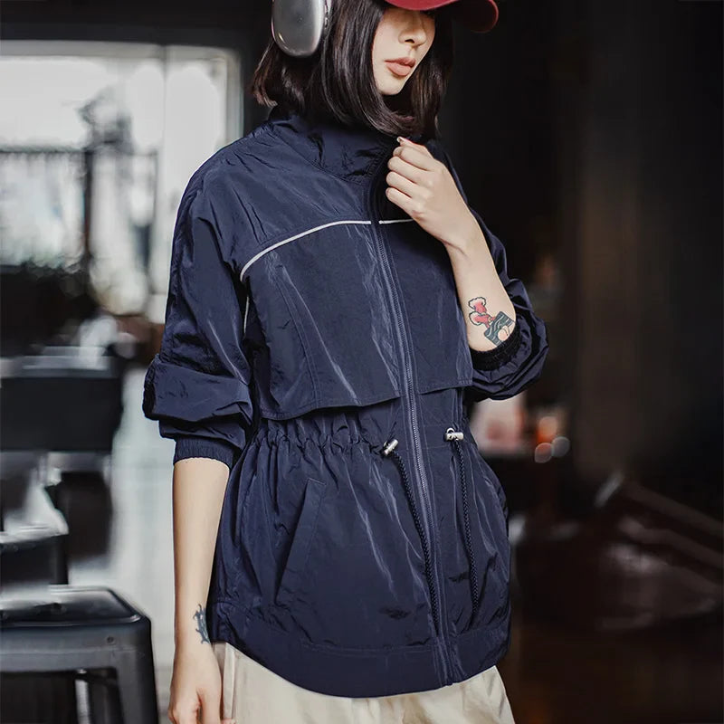 Maden Women's Lightweight Stand Collar Short Windbreaker Jacket Navy Blue Contrast Parka with Waist Cinching for Spring and Fall LadyShow.Store