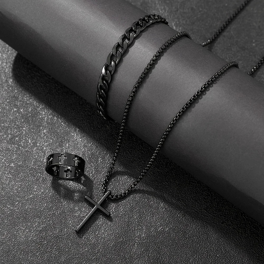Cross-Style Accessories Set Bracelet Necklace Ring 3 Pieces Stainless Steel Elegant Suitable Both Men Women Fashionable Gift Set Pi-Mart