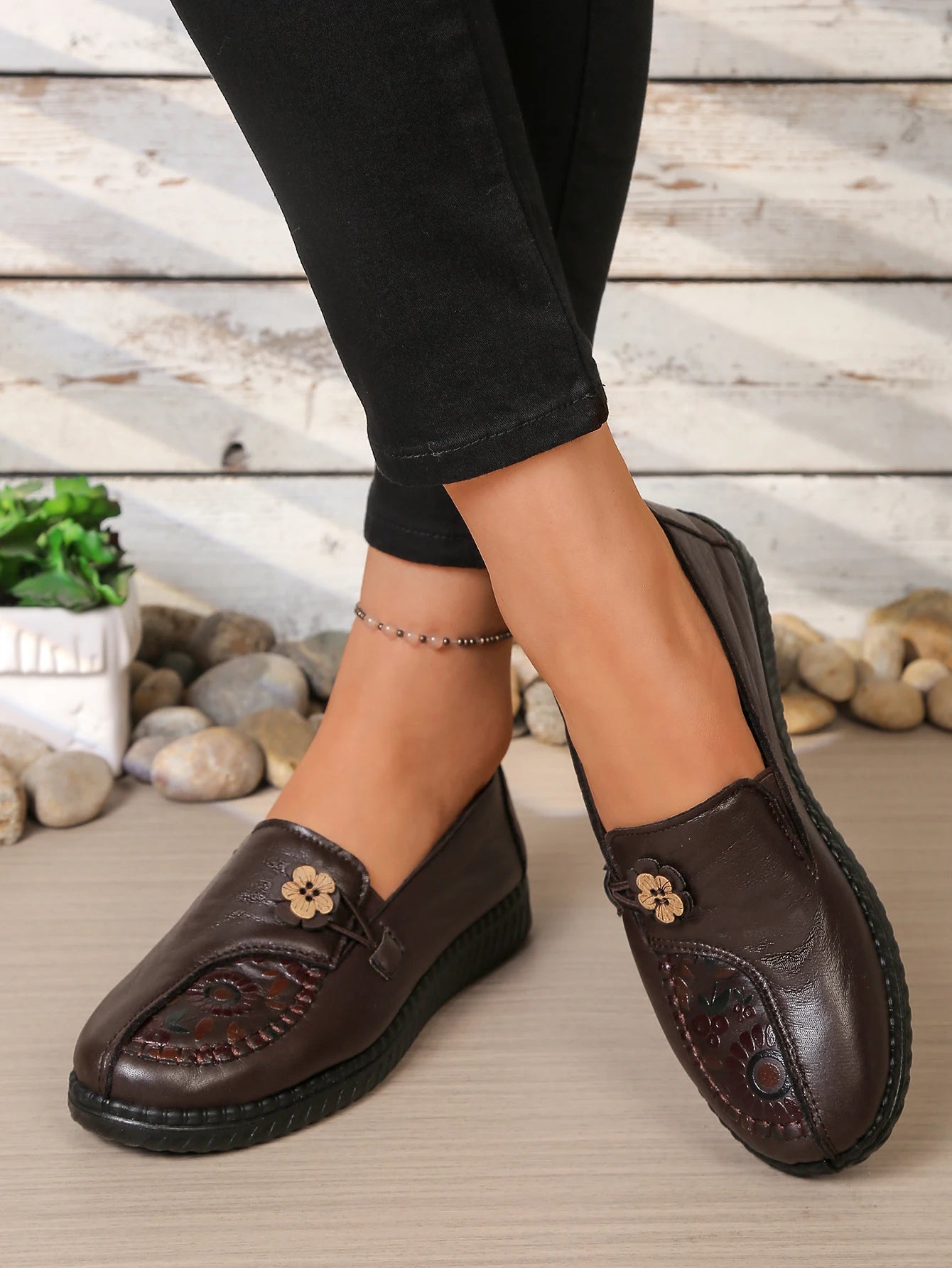 Women's Spring Autumn Leather Loafers Floral Embossed Slip‑On Flats Anti‑Slip Comfort Casual Mom Daily Walking Free Shipping Pi-Mart