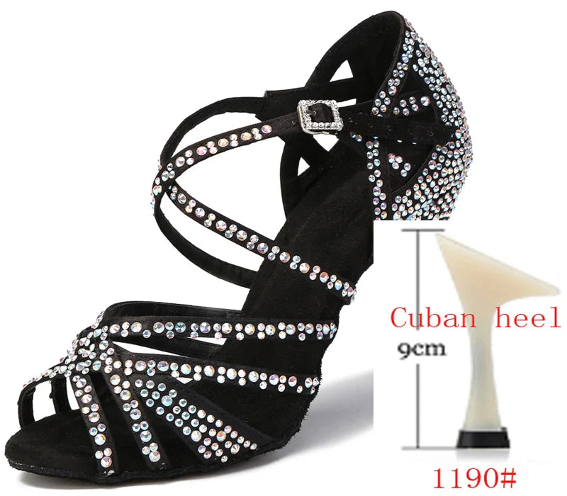WUXIJIAO Women Party Dance Shoes Satin Shining rhinestones Soft Bottom Latin Dance Shoes Woman Salsa Dance Shoes heel LadyShow.Store