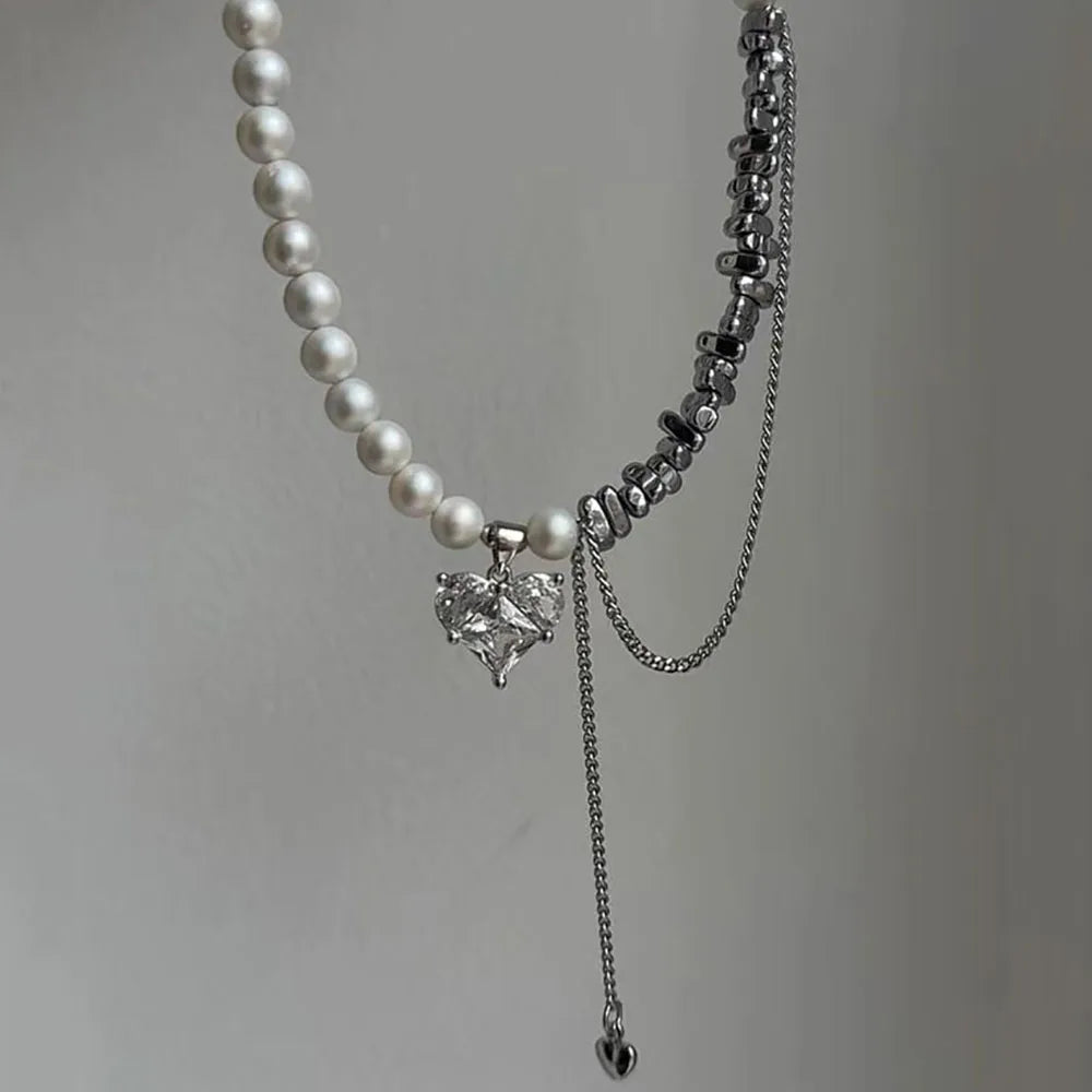 New Irregular Choker Vintage Tassels Zircon Heart Pendant Necklace For Women Female White Imitation Pearl Chain Valentine's Gift Pi-Mart