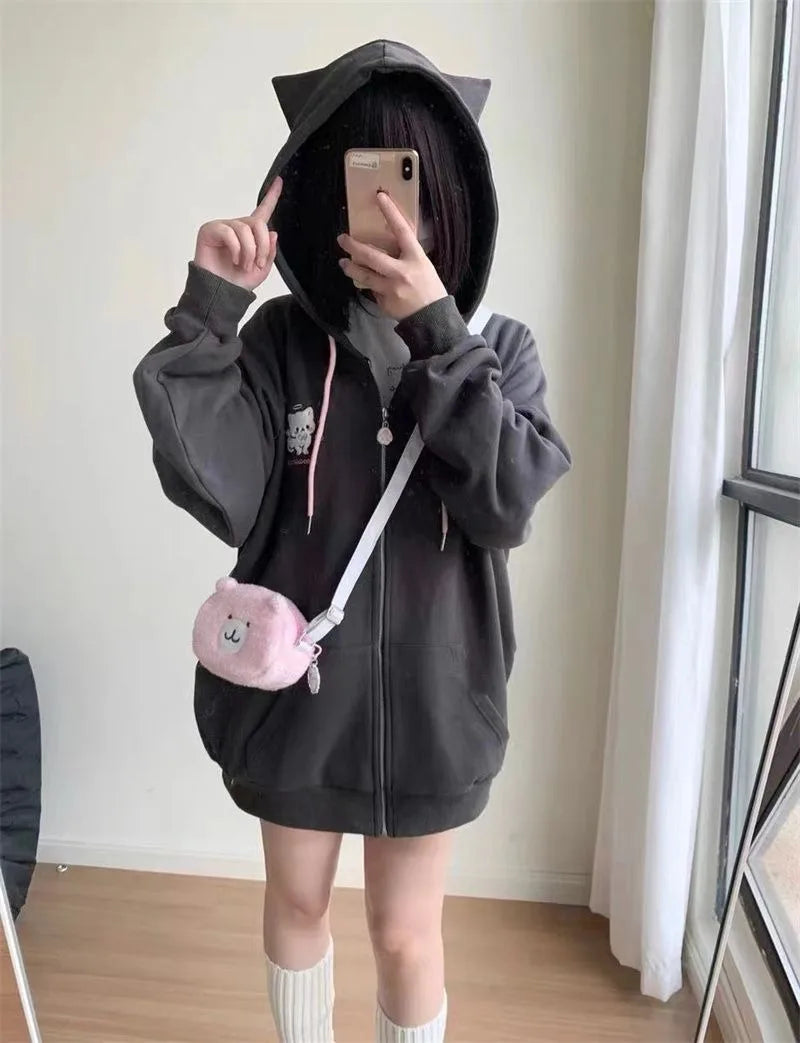 Zipper Hoodie Gothic Cartoon Kawaii Cat Ear Y2k Jacket Zip Up Thin Coat Spring Autumn Cute Core 2000s Clothes Fall Sweatshirts LadyShow.Store