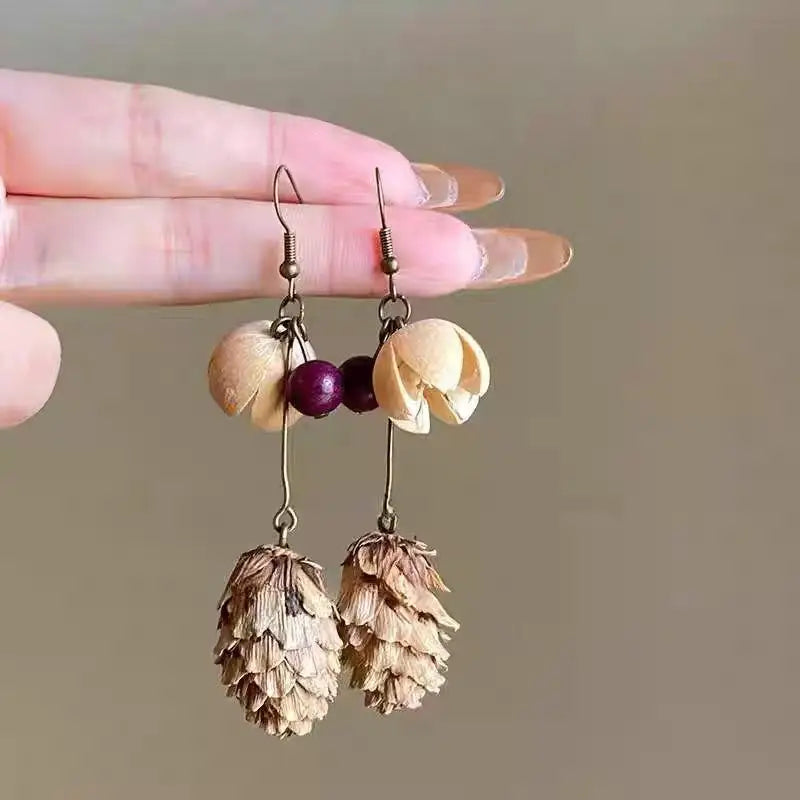 1Pair Vintage Wooden Plant Earring For Women Creative Natural Plant Dried Fruits Drop Earrings Ethnic Jewelry Pi-Mart