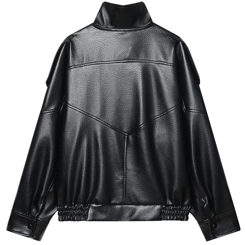 HXAO Faux Leather Black Jackets For Woman New Arrival Cropped Oversize Bomber Jacket Zip-Up Long Sleeve Coats Motorcycle Jackets LadyShow.Store