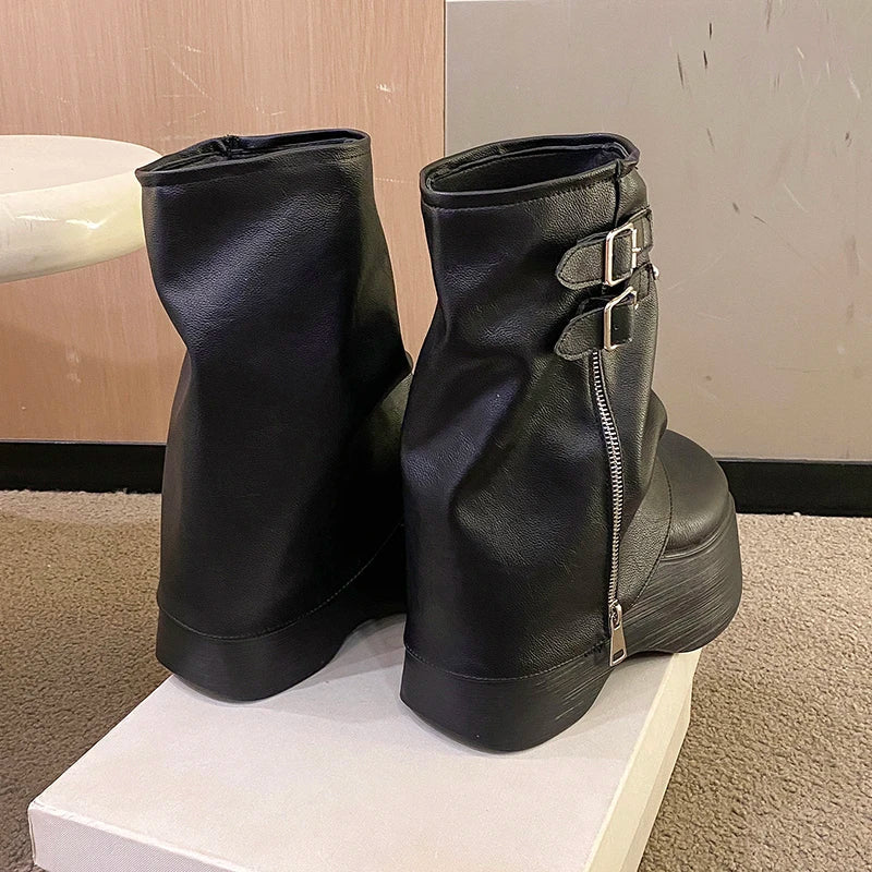 Soft Leather Ankle Mid Calf Boots Winter Autumn High Platform Wedge British Booties Woman New Ladies Chunky Motorcycle Boots 9CM LadyShow.Store
