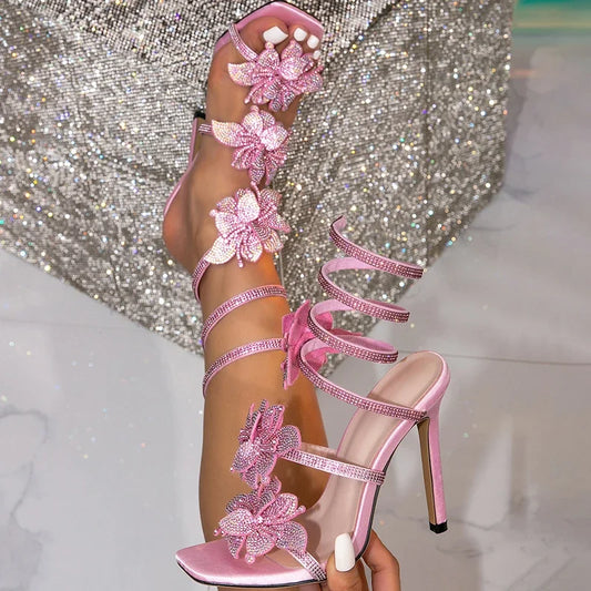 Eilyken 2026 New Design Open Toe Crystal Flower Ankle Strap Women Sandals Sexy Thin Heels Stripper Party Ladies Shoes LadyShow.Store