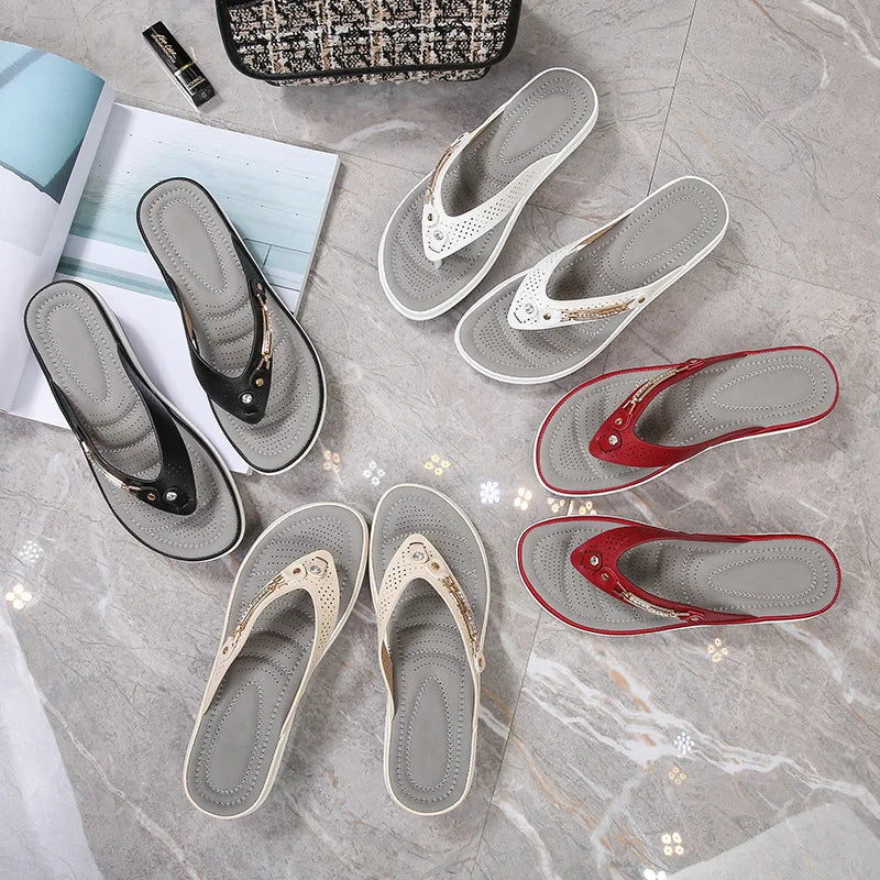 2023 Women's Slippers Summer New Fashion Metal Button Slides Shoes Wedge Beach Sandals Women Outside Platform Leisure Flip Flops Pi-Mart