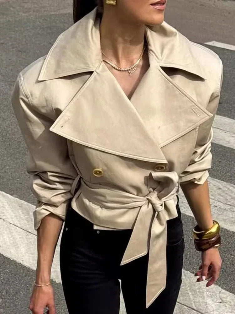 SLTNX 2026 New Women's British Wind Trench Coat Style Double-breasted Long Sleeve Belt Lapel Jacket Short Coat LadyShow.Store