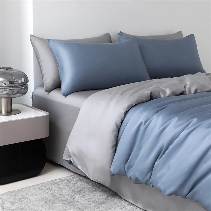 100% Mulberry Silk Bedding Set High End Silk Bed Sheets Set Luxury Smooth Duvet Cover Set Single Double Queen King Size Bedsheet LadyShow.Store