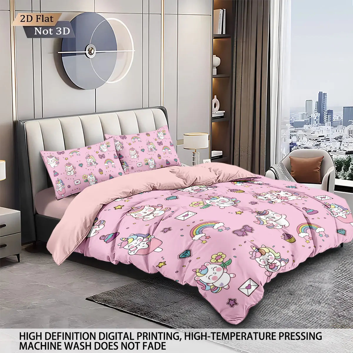 3pcs Cartoon Cute Unicorn Printed Coreless Down Duvet Cover Set, Multi Size Bedroom Bedding Decoration, Machine Washable Pi-Mart