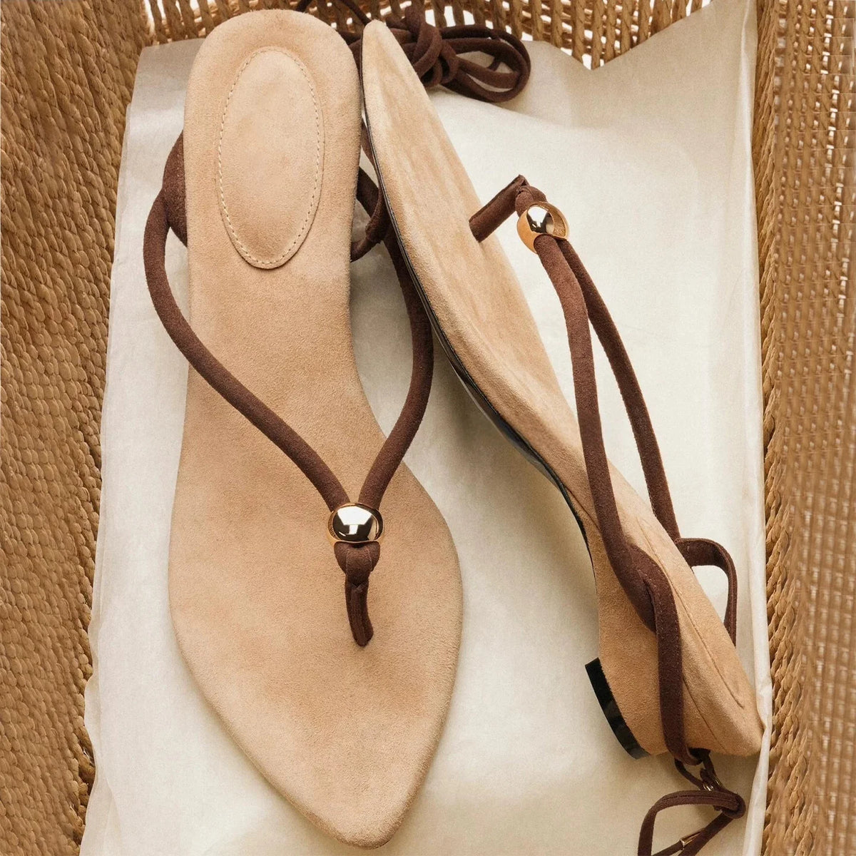 Women's Brown Lace-Up Thong Pointed Toe Wedge Heel Sandals Elegant Classic Clip-Toe Design Ladies Summer Retro Casual Shoes Pi-Mart