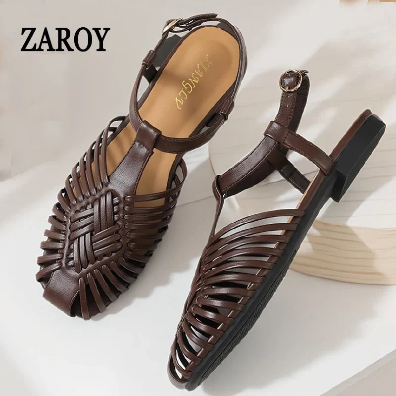 ZAROY Summer Women Gladiator Sandals Flat Ankle Strap Narrow Band Roman Shoes Casual Beach Vacation Hollow Out Big Size Sandalia LadyShow.Store