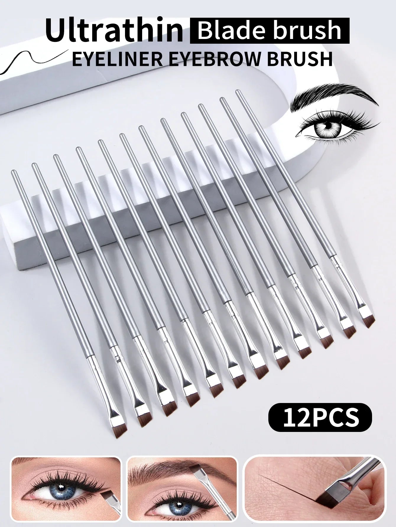 12pcs silvery Super Thin Blade Eyeliner Brush & Soft Makeup Brush Set, Portable Eyebrow Brush & Multipurpose Cosmetic Tool Tri Light Beauty