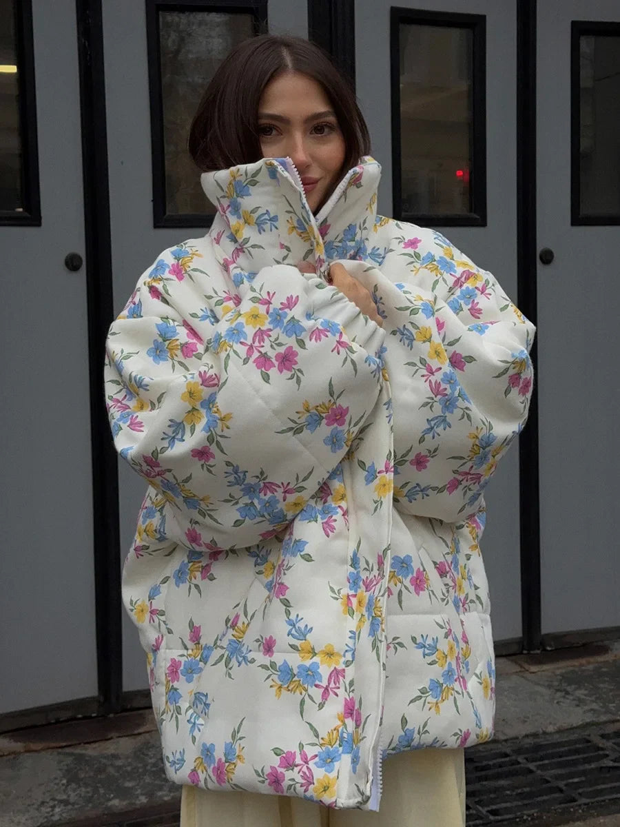 Yaminiya Fashion Thicken Women Puffer Jacket Oversize Stand Up Collar Zipper Floral Print Warm Cotton Filled Coat Autumn Winter LadyShow.Store