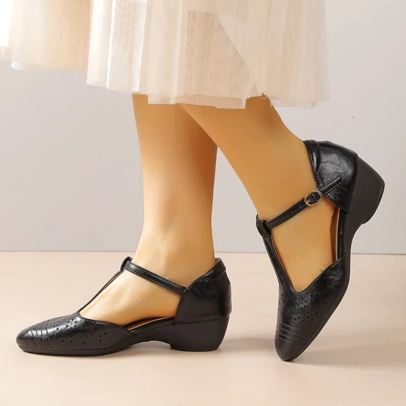 Women's Plus Size Retro Cutout Wedge Loafers, Adjustable T-Strap Breathable Pumps for Summer Daily & Commute Pi-Mart