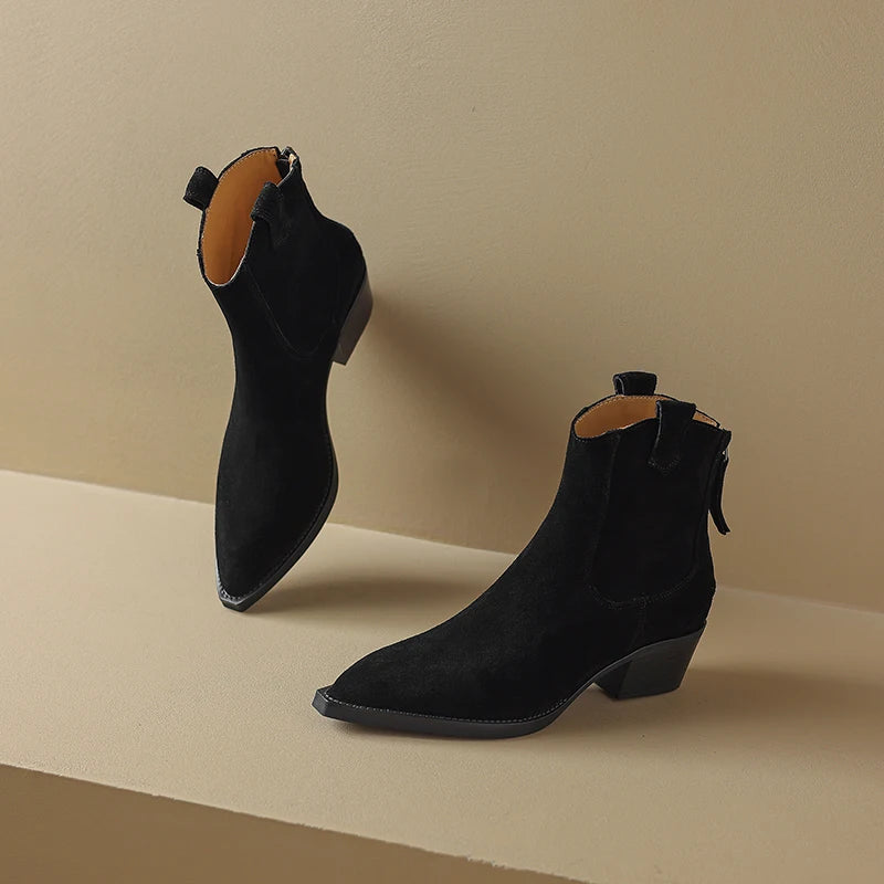 2025 Autumn Winter Trend Cow Suede Women Western Boots Black Brown Khaki Purple Green Burgundy Pointed Toe Ladies Ankle Boots Pi-Mart
