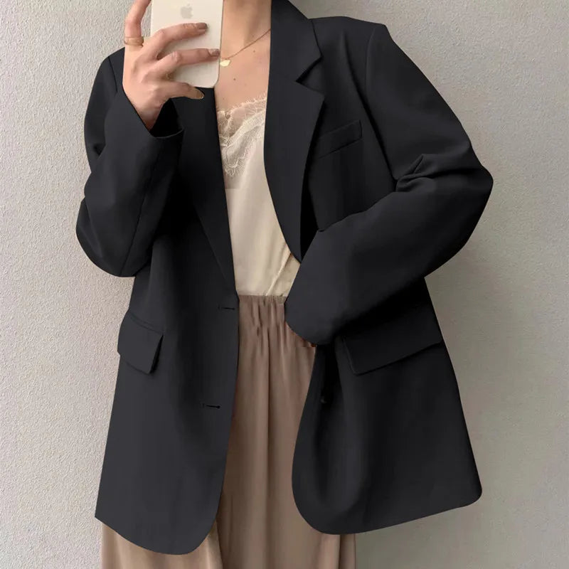 Mid Length Blazer Jacket Women Solid Long Sleeve Pocket Lapel Single Beasted Formal Coat Outerwear Loose Work Casual Blazers Pi-Mart