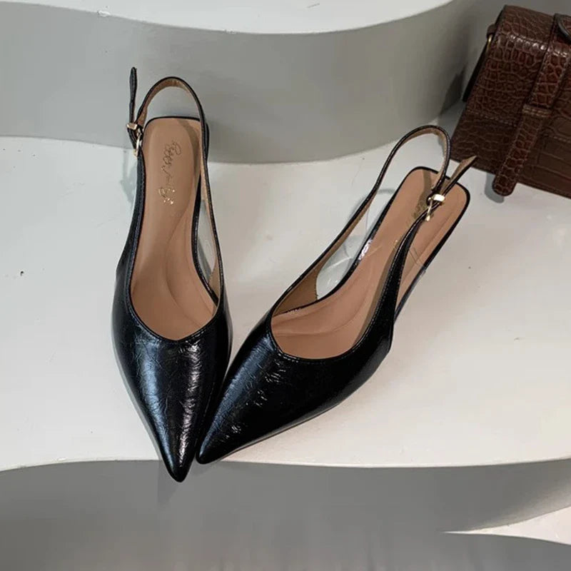 SUOJIALUN Summer New Women Sandal Fashion Pointed Toe Shallow Slip On Ladies Elegant Slingback Shoes Thin Med Heel Dress Mules LadyShow.Store