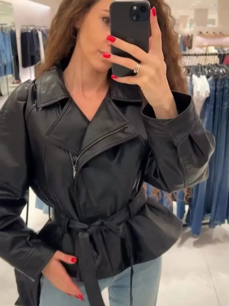 HH Women Fashion Black Short Faux Leather Trench Coat Long Sleeve Lapel Jacket With Belt Vintage Lady Motorcycle Jacket Outwear LadyShow.Store