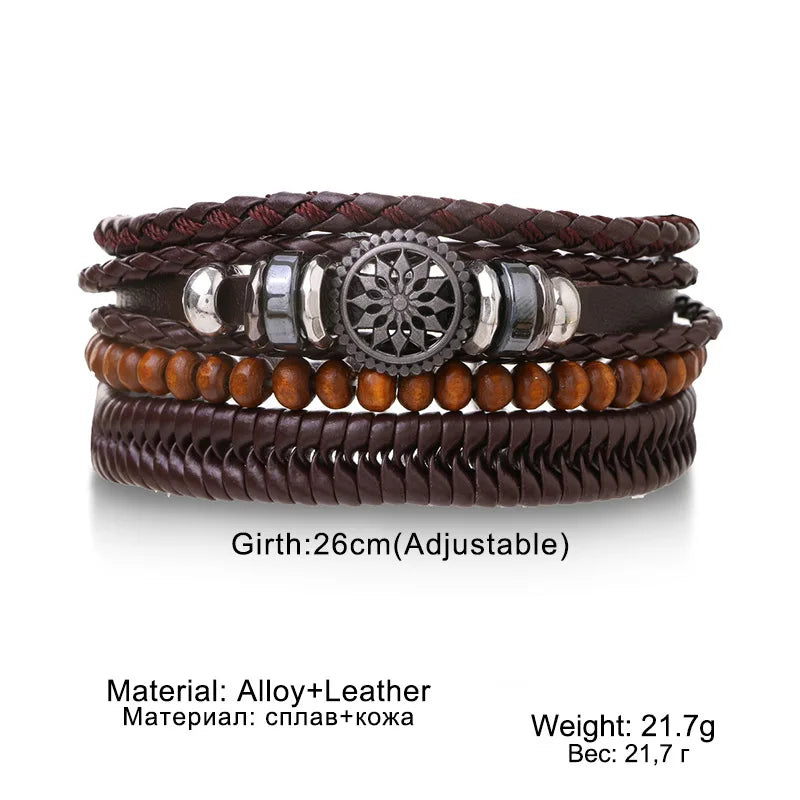 4Pcs/ Set Braided Wrap Leather Bracelets for Men Vintage Life Tree Rudder Charm Wood Beads Ethnic Tribal Wristband Rope Bracelet Pi-Mart