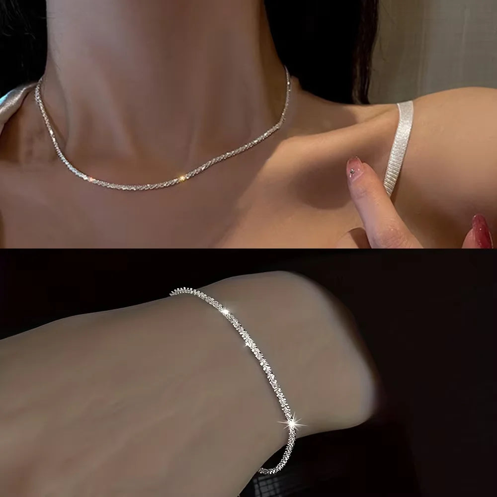 Starry Sky Sparkling Necklace, Women's Clavicle Chain Bracelet, Simple Sparkling Plain Chain, Stackable Design Pi-Mart