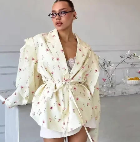 Chic Oversize Floral Printed Women Jacket Padded Lapel Lace Up Loose Coat Long Sleeve High Waist Outwears 2025 Lady Streetwear LadyShow.Store