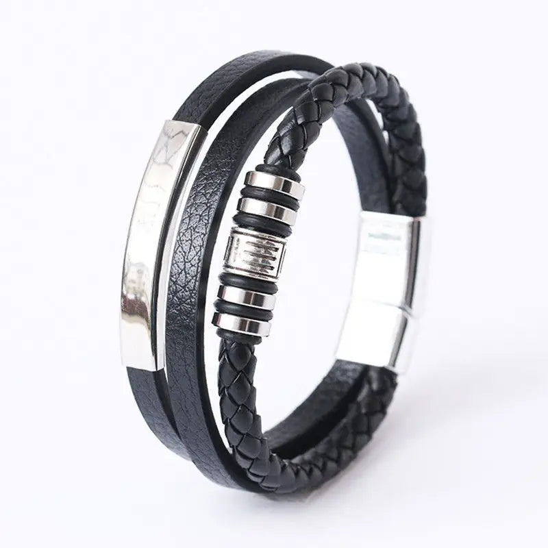 Trendy Leather Bracelets For Men Stainless Steel Bracelet 21CM Multilayer Braided Rope Bracelets for Male Jewelry Gifts Pi-Mart