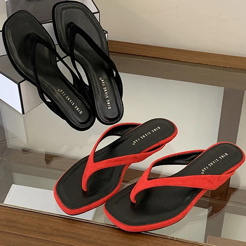ZAROY Red Women's Flip Flops Summer Slippers Square Clip Toe Thin Low Heels Casual Beach Mules Slides Thongs Sandals Zapatos LadyShow.Store