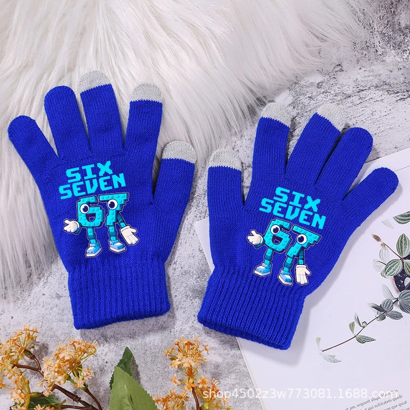 Funny 67 Six Seven Winter Gloves Touch Screen Gloves Fnafs Warm Stretch Knit Mittens Imitation Wool Full Finger Crochet Thicken Pi-Mart