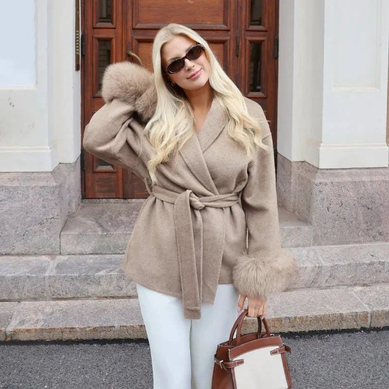 TARUXY Fox Fur Woolen Coats Women's Short Coat Office Lady Removable Elegant Double-sided Wool Overcoat 2025 New Cardigan Jacket LadyShow.Store