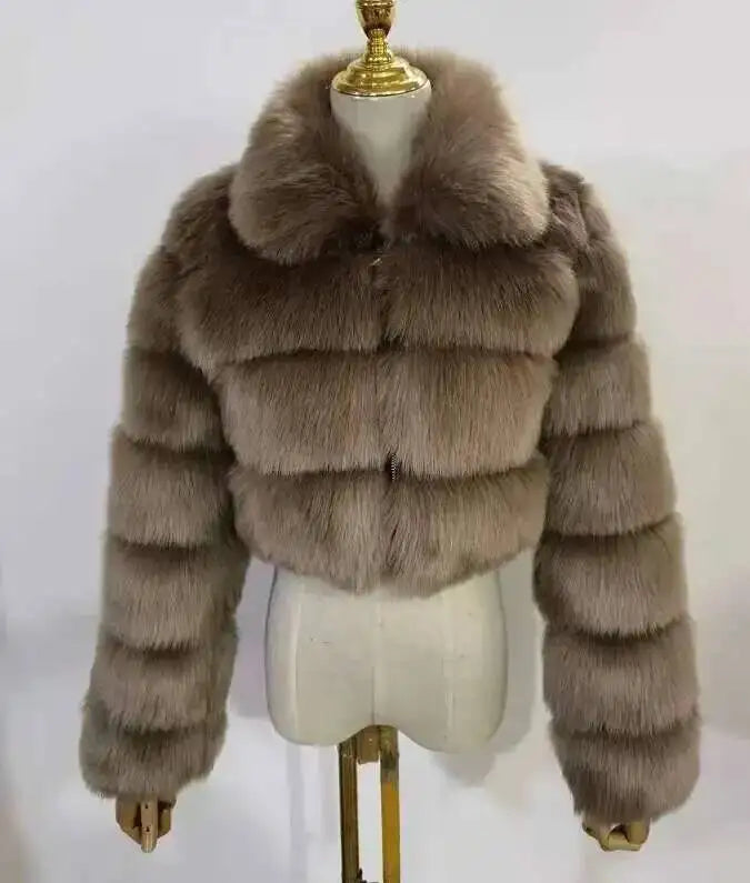 DEAT Fashion Women's Faux Fur Coat Lapel Zipper Long Sleeves Loose Thick Imitation  Fur Short Jacket Winter New 7AB6103 Pi-Mart