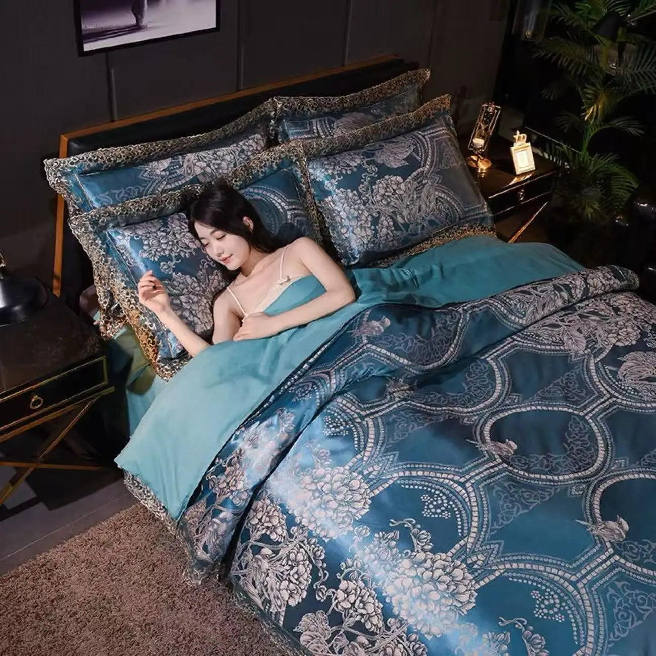 Luxury Jacquard Bedding Set Tencel Modal Duvet Cover 4PCS with Lace Satin Bed Sheet Pillowcases King and Queen Size Home Textile LadyShow.Store
