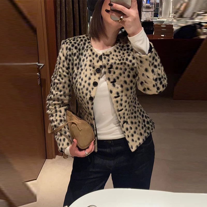 Retro Leopard Faux Fur Short Coat Lady Chic O-neck Single Button Placket Spotted Dot Cropped Long Sleeve Outerwear Street Jacket Pi-Mart