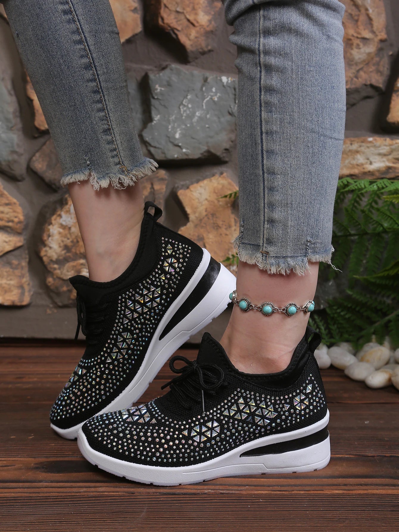 Women's Rhinestone Embellished Knit Mesh Wedge Sneakers, Adjustable Lace-Up Closure, Daily Walking Casual Footwear Pi-Mart