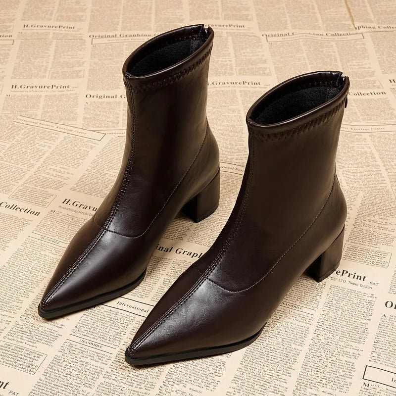 Fashion Vintage Thick Heels Women Slim Ankle Boots Autumn Winter Pointed Toe Stripper Party Short Booties Zapatos De Mujer LadyShow.Store