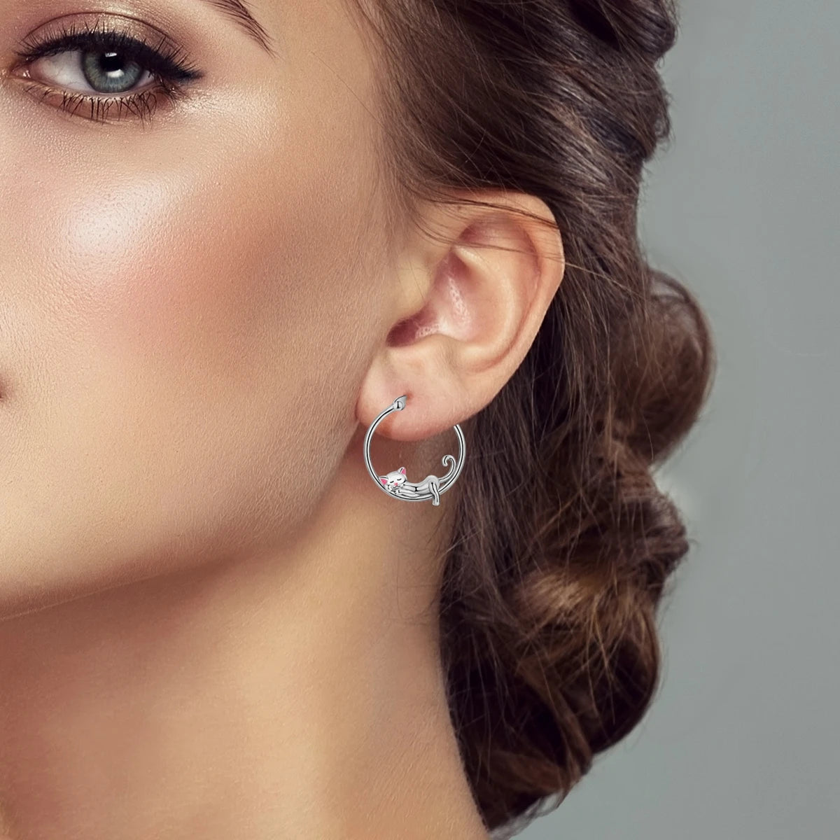 925 Sterling Silver Cute Lazy Cat Animal Pet Earrings Jewelry Hoop Earrings For Women Jewelry Birthday Party Fine Gifts Pi-Mart