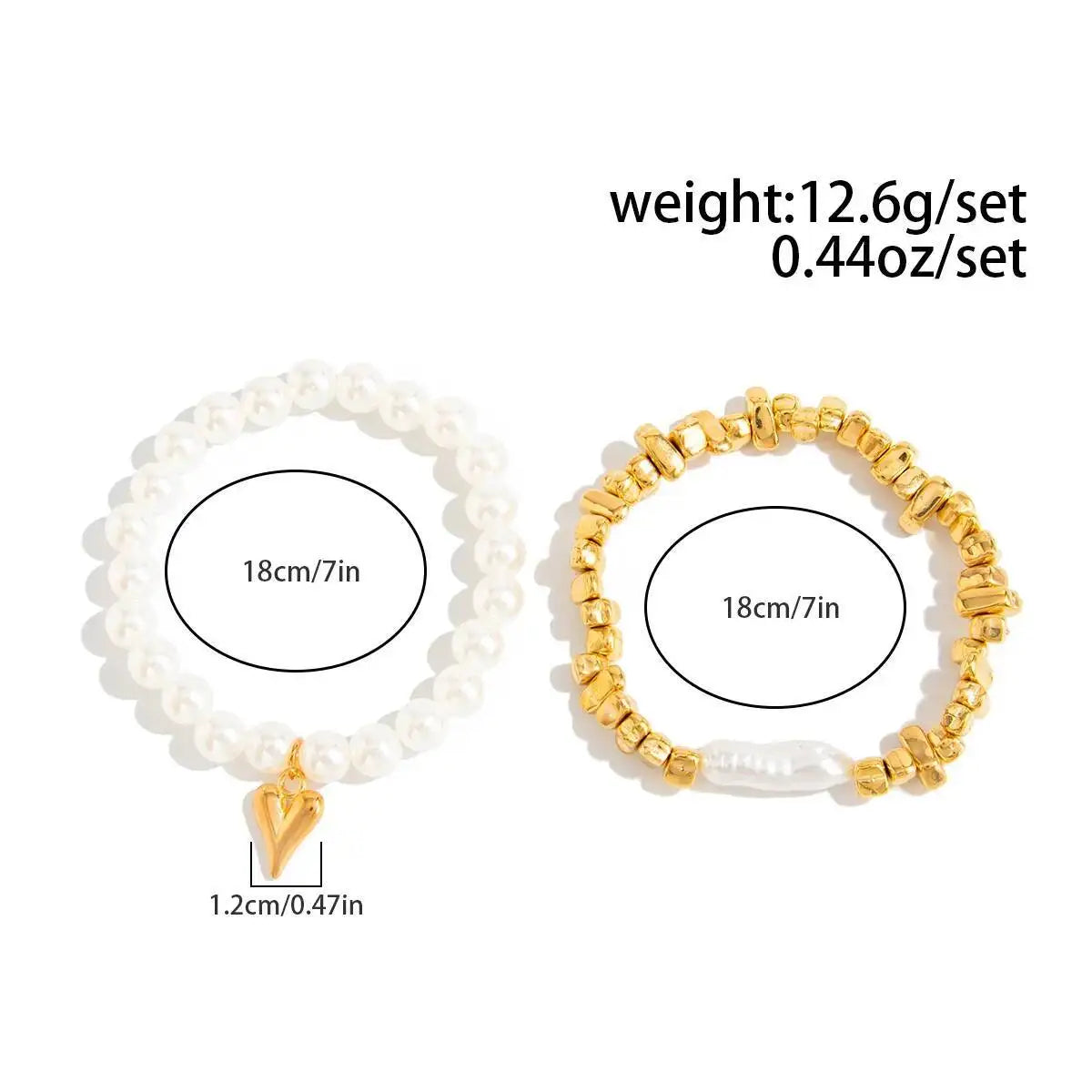 2Pcs/Set Elegant Imitation Pearl Bracelet for Women Bohemian Elastic Rope Chain Bracelet with Heart Pendant Jewelry Gift Pi-Mart