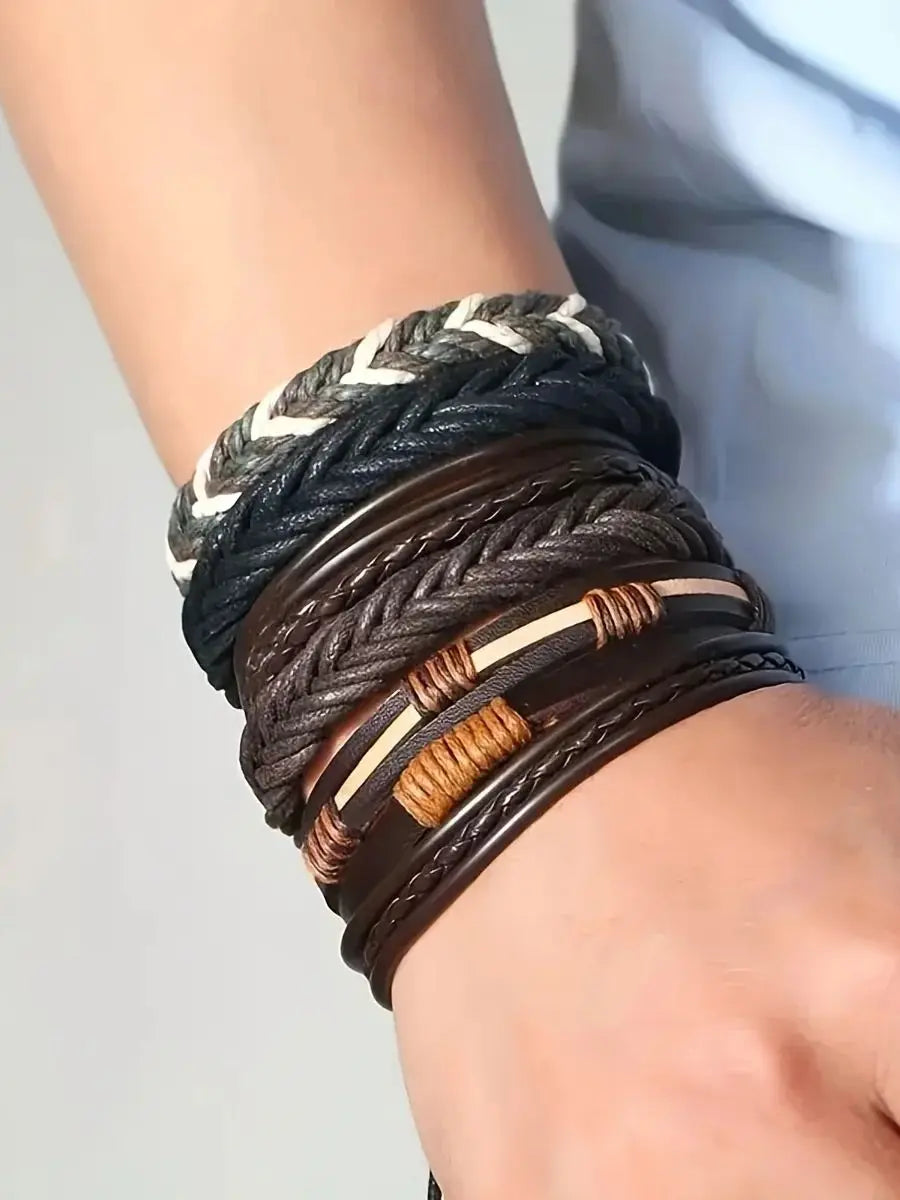 20Pcs Braided Leather Bracelets for Men Women Wrap Wood Beads Cuff Bracelet Hemp Cords Ethnic Tribal Handmade Wrap Wristband Bra Pi-Mart
