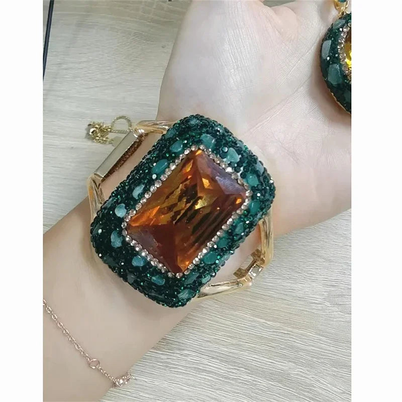 Round Colored Change Sultanite Crystal Bangle Rings Sets for Women Necklace Earring Rings Golden Green Zultanite Quartz Jewelry Pi-Mart