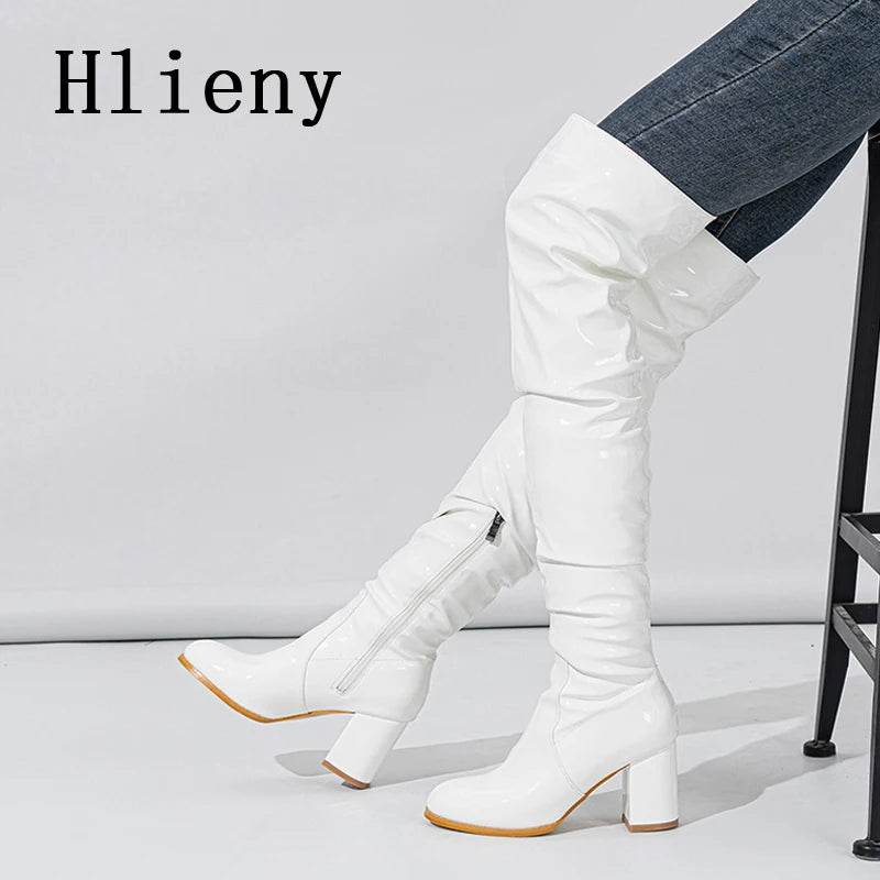Hlieny 2026 Winter New Thigh High Boots Fashion Patent Leather Round Toe Zip Female Square Heels Pleated Design Women's Shoes Pi-Mart