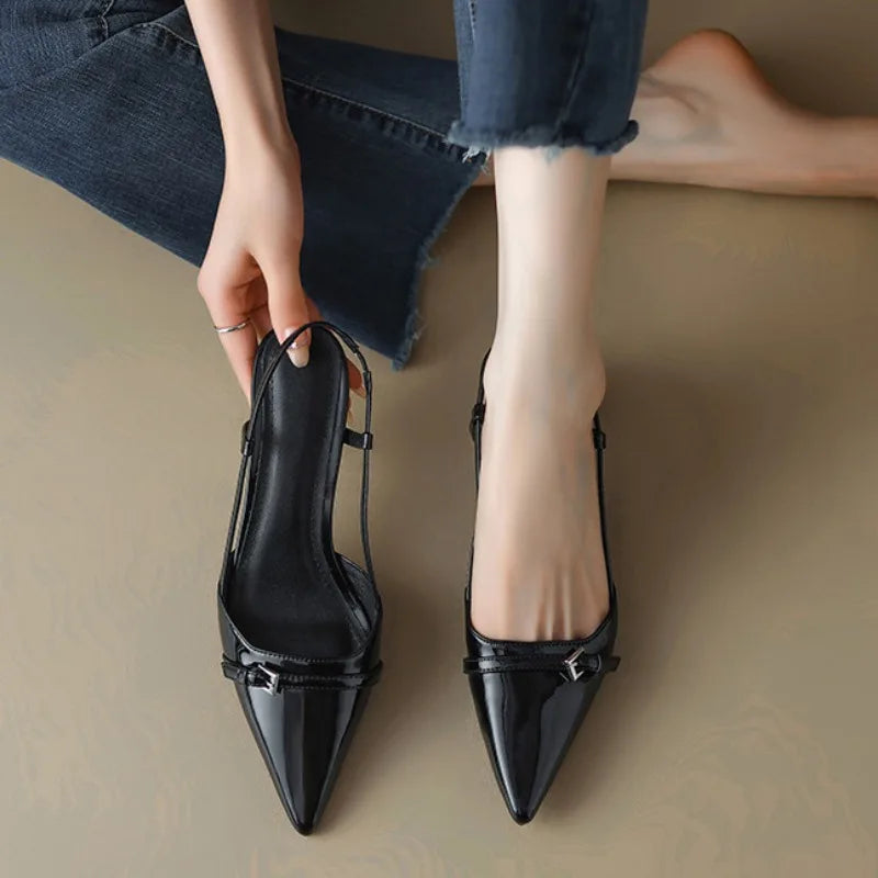 2024 New Summer Women's Dress Shoes Patent Leather Slip on Pointed Toe Sandals Buckle Slingbacks Mid Heels Pumps Sandalias Mujer LadyShow.Store