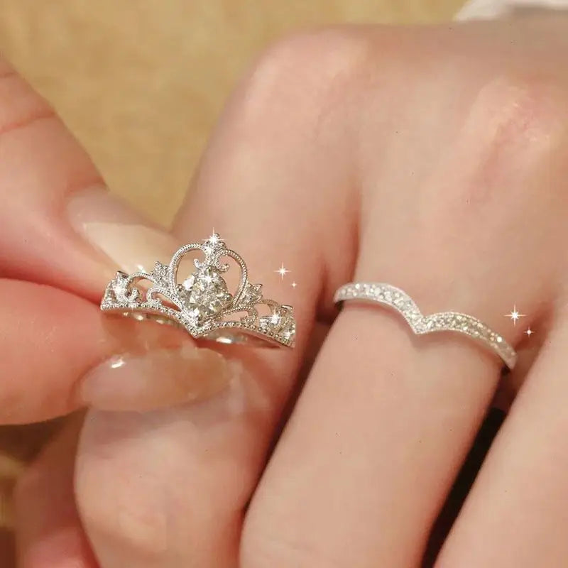 2PCS Fairy Sparkling Crown Rings for Women Teen Crystal Korean Adjustable Silvery Anniversary Gift Party Queen Ring Set Jewelry Pi-Mart