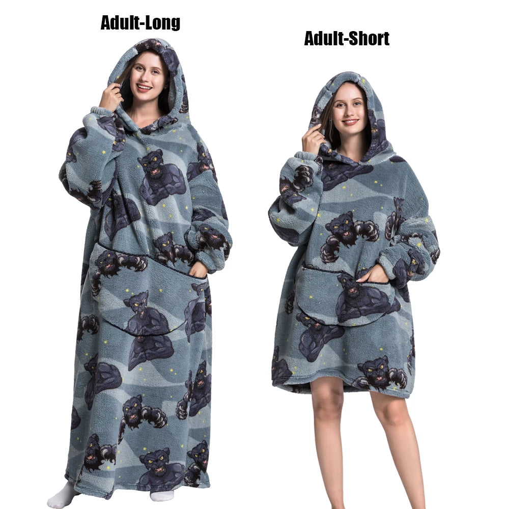 Women Plush Fleece Blanket Men Warm Thick Hoodies Adult Giant TV Blanlets with Sleeves Super Long Cold-proof Homewear Pajamas Pi-Mart