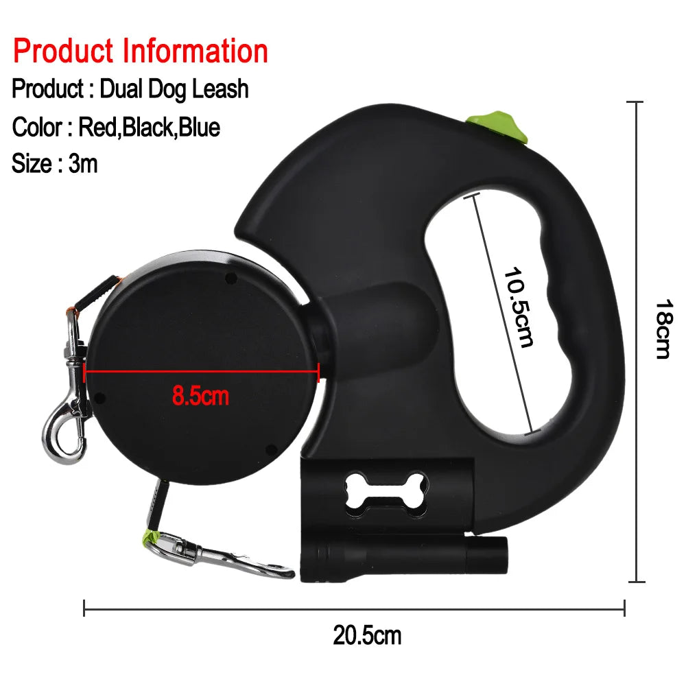 3m Retractable Dog Leash For Small Dogs Reflective Dual Pet Leash Lead 360 Swivel No Tangle Double Dog Walking Leash With Lights Pi-Mart