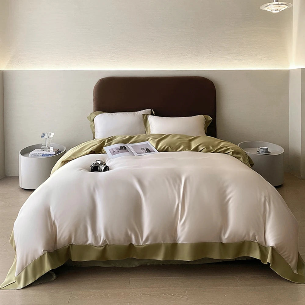 Liv-Esthete Top Grade 100% Silk Duvet Cover Set Queen King Yellow White Bedding Set Flat Sheet Beauty Pillowcase Bed Linen Pi-Mart