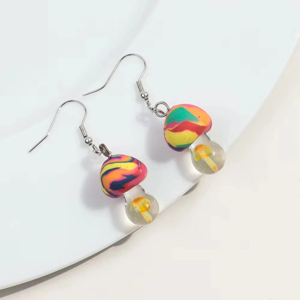 New Cute Polymer Clay Mushroom Acrylic Drop Earrings for Women Cartoon Colorful Flower Pendant Earring 2024 Trend Jewelry Gift Pi-Mart