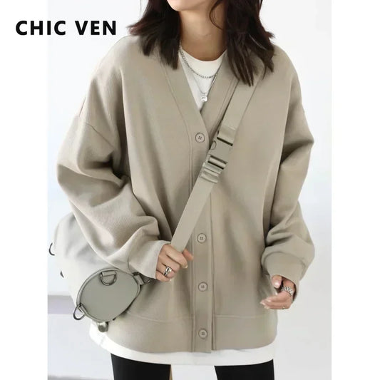 CHIC VEN Korean Autumn Winter Women's Sports Coat Casual Loose V-neck Sweatshirt for Women Thick Warm Tops Office Lady Female LadyShow.Store