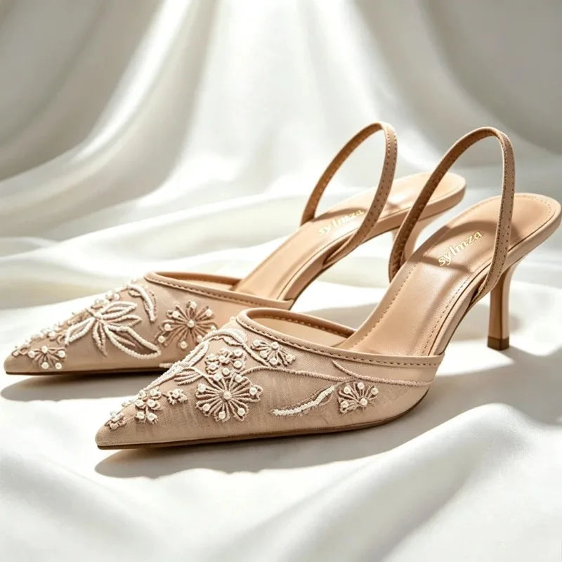 Mesh Embroider String Bead Detail High Heels Women Sexy Brown Pointed Toe Back Strap Heeled Sandals Summer Elegant Women Shoes LadyShow.Store