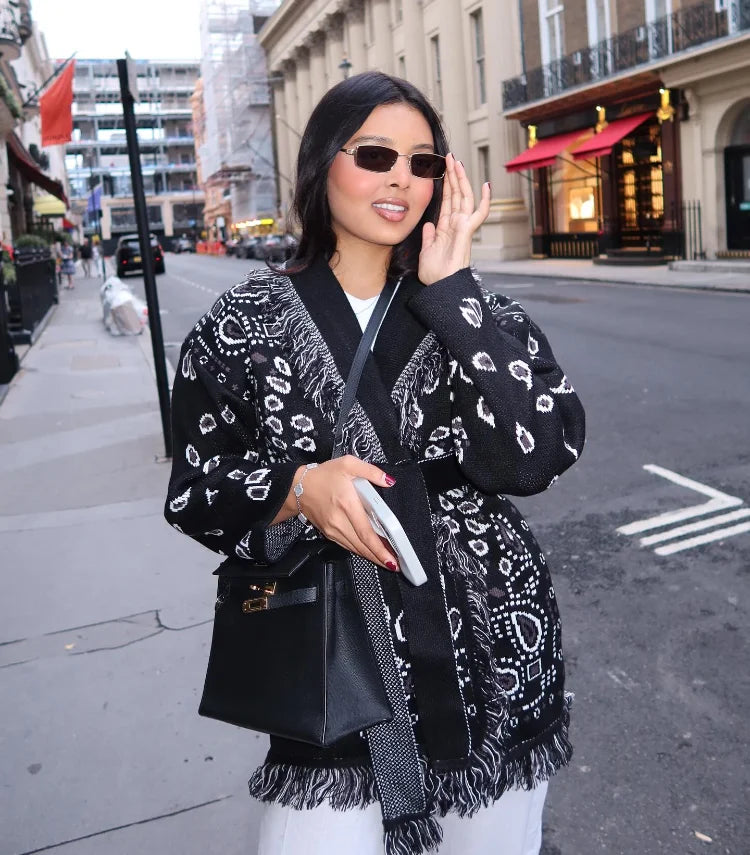 Casual Printed Cardigans Women Tassel Lace Up V-neck Full Sleeve Loose Knit Coat Female 2026 Autumn Fashion Lady Outwears LadyShow.Store